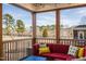 Inviting screened porch with comfortable seating and scenic backyard views of trees and a lake at 3215 Jones Lake Rd, Fuquay Varina, NC 27526