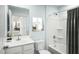 Bright bathroom featuring a vanity with a white countertop, a shower-tub combination, and modern finishes and decor at 351 Tormore Dr, Sanford, NC 27330