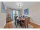 Dining room featuring an oval table, elegant chandelier, and colorful artwork at 5213 Orabelle Ct, Raleigh, NC 27606