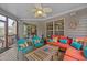 Inviting screened-in porch featuring a cozy seating area with colorful accents and a ceiling fan at 5213 Orabelle Ct, Raleigh, NC 27606
