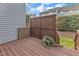 Outdoor deck featuring wood railing, privacy screen, and brick column at 6013 Kohler Ln, Raleigh, NC 27616