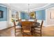 Formal dining room with blue walls, wainscoting, a round table and chandelier at 7001 Millstone Ridge Ct, Raleigh, NC 27614