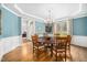 Elegant dining room with blue walls, wainscoting, a chandelier, and hardwood floors at 7001 Millstone Ridge Ct, Raleigh, NC 27614