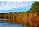 Scenic lake view featuring the vibrant fall foliage along the shoreline with clear blue skies and reflections on the water at 8816 Knights Union Way, Wake Forest, NC 27587