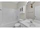Bathroom featuring a shower/tub combo, toilet, and a single sink vanity at 103 Fieldstone Dr, Clayton, NC 27520