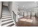 Bright open concept living space with hardwood floors, a modern staircase, and seamless kitchen integration at 1254 White Flint Cir, Durham, NC 27703