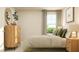Cozy bedroom features a bed with green accent pillows, a wooden dresser, and natural light from the window at 4020 Shadbush St, Raleigh, NC 27616