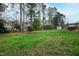 Lush backyard with tall trees, green lawn, and a storage shed at 5920 North Hills Dr, Raleigh, NC 27609