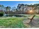 A tranquil pond view with a bench overlooking the water and surrounding lush greenery, perfect for relaxation at 112 Parkmeadow Dr, Cary, NC 27519