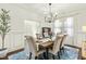 Bright dining room with decorative wainscoting, a chandelier, and ample seating at 131 Tracker Ct, Garner, NC 27529