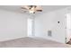 Bright bedroom features a ceiling fan, neutral carpet and white trim and doors at 26 Twin Birch Dr, Angier, NC 27501