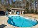 An inviting backyard pool with a basketball hoop and view of the backyard shed at 3916 Bostwyck Dr, Fuquay Varina, NC 27526