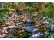 Moss covered rock waterfall feature in landscaped backyard at 402 Westwood Dr, Chapel Hill, NC 27516