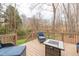 Back deck with comfortable seating and a stylish fire pit table overlooking the backyard at 415 King George Loop, Cary, NC 27511