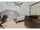 Cozy bedroom with black and white wallpaper and a view of the outside at 512 Tryst Ln, Wake Forest, NC 27587