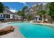 Backyard oasis featuring a pool, lounge seating, a cabana, and a lush backdrop for private enjoyment at 106 Woodkirk Ln, Chapel Hill, NC 27514