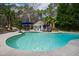 Stunning swimming pool with a cabana, landscaping, and plenty of space for outdoor lounging and relaxation at 106 Woodkirk Ln, Chapel Hill, NC 27514