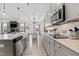 Modern kitchen showcasing gray cabinets, stainless appliances, and an island overlooking the breakfast area at 190 Hickory Run Ln, Franklinton, NC 27525