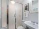 Bathroom features a frosted glass shower door, white sink, and toilet in a room with blue tile and neutral paint at 2001 Manuel St, Raleigh, NC 27612