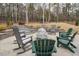 Landscaped backyard with a stone patio, fire pit, and green/gray rocking chairs at 664 The Parks Dr, Pittsboro, NC 27312