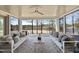 Covered patio featuring comfortable seating, scenic lake views, ceiling fan, and stylish decor at 7217 Manor Oaks Dr, Raleigh, NC 27615