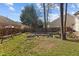 Cozy backyard featuring a fire pit area with wooden benches and stone planters at 778 Cabin Branch Dr, Fuquay Varina, NC 27526