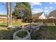 Cozy backyard featuring a fire pit area with wooden benches and stone planters at 778 Cabin Branch Dr, Fuquay Varina, NC 27526