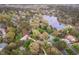 Aerial view of a neighborhood showcasing mature trees, scenic lake and winding roads at 8 Bryncastle Ct, Durham, NC 27707