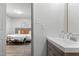 Bathroom showing vanity with bedroom view at 1110 Schaub Dr # B, Raleigh, NC 27606