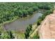 An aerial view of a serene pond surrounded by lush greenery at 116 Pisgah St, Sanford, NC 27330