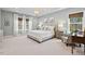 Spacious bedroom features a tray ceiling, neutral paint, and a view of the trees at 126 Filigree Way, Durham, NC 27713