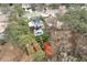 Stunning aerial view of backyard featuring modern home with pool, patio, and manicured lawn surrounded by mature trees at 1323 Ridge Rd, Raleigh, NC 27607