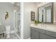 Well-lit bathroom featuring a glass shower and a single sink vanity at 1327 Gloriosa St, Apex, NC 27523
