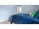 Relaxing bedroom with a plush blue bed and a view into the well-lit en suite bathroom at 244 W Copenhaver Dr, Clayton, NC 27527