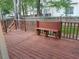 Spacious wooden deck featuring a built-in bench with green foliage visible beyond the railing at 3109 Benton Cir, Raleigh, NC 27615