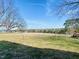 Expansive yard featuring mature trees and a glimpse of the home in the distance under a bright blue sky at 1006 Stallings Rd, Durham, NC 27703