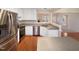 The kitchen features stainless steel appliances and lots of counter space at 110 Chickasaw Cir, Clayton, NC 27527