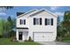 New construction two-story home featuring white siding, black shutters, and an attached garage at 120 Pisgah St, Sanford, NC 27330