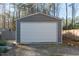 A detached, gray garage with a white door sits at the edge of a wooded area at 1617 Jenkins Rd, Wake Forest, NC 27587