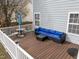 Relaxing back deck with blue cushioned outdoor seating and an umbrella covered table, perfect for enjoying the outdoors at 3809 Mardela Spring Dr, Raleigh, NC 27616