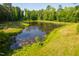 Aerial view of the backyard pond surrounded by manicured lawn, trees, and natural vegetation at 4200 Us 1 Highway South, Kittrell, NC 27544