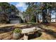 Secluded backyard featuring mature trees, landscaping, and a stone bench at 5504 Quails Call Ct, Garner, NC 27529