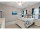 Comfortable bedroom with a ceiling fan, soft carpet, and matching blue decor at 105 Mystic Quartz Ln, Holly Springs, NC 27540