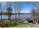 Picturesque lake view from the backyard with mature trees and a boat dock at 106 Nashua Cv, Louisburg, NC 27549
