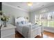 Bedroom boasts a large window, hardwood floors and a queen bed with blue linens at 1412 Wynncrest Ct, Raleigh, NC 27603