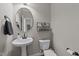 Compact powder room featuring a pedestal sink, modern fixtures, and a toilet, ideal for guests and convenience at 22 Old York Cir, Clayton, NC 27527