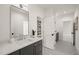 Bathroom with a gray vanity, hexagon tile flooring, and a view to a walk-in closet at 109 W Markham Ave, Durham, NC 27701