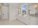 Bright bathroom with double sink, white cabinets, and natural light at 109 W Markham Ave, Durham, NC 27701