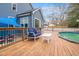 Backyard showcasing a well-maintained wooden deck with stylish outdoor furniture, perfect for entertaining at 206 Hamby St, Clayton, NC 27520