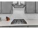 Close up shot of kitchen cooktop and range with stainless steel hood and subway tile backsplash at 372 Natsam Woods Way, Wake Forest, NC 27587